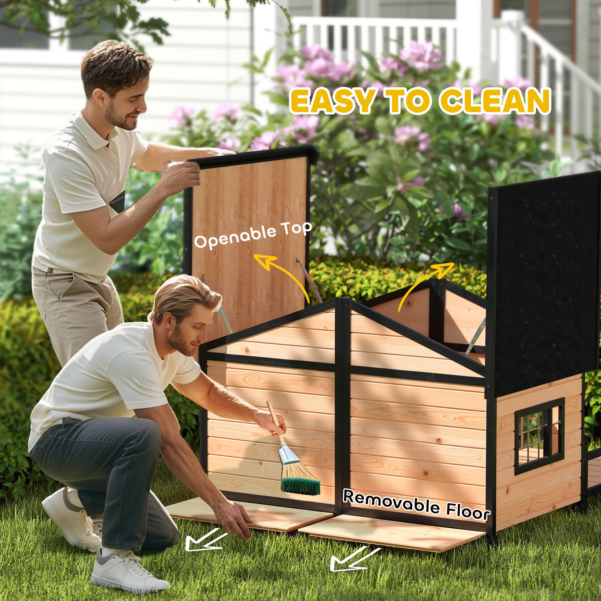59"x64"x39" Wood Dog House Outdoor Cabin-Style Elevated Pet Shelter with Porch Deck, Beige