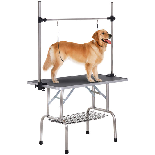 Adjustable Dog Grooming Table with 2 Safety Slings, Storage Basket, Black