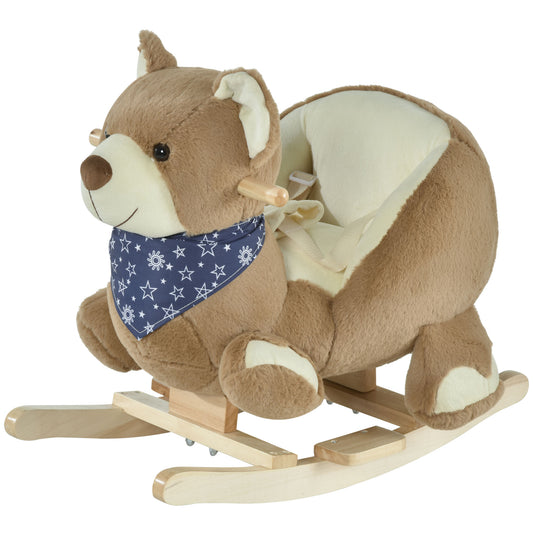 Qaba Baby Rocking Horse Bear Design Plush Stuffed Rocking Chair, Wooden Rocking Horse with Sound, Seat Belt for Boys and