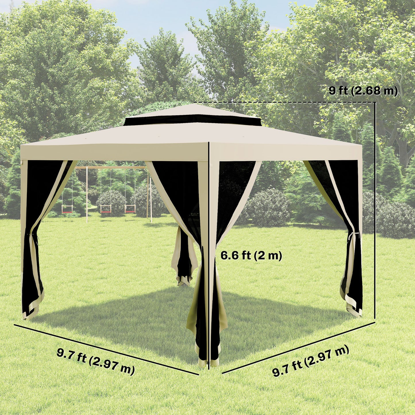 10' x 10' Outdoor Canopy Tent Party Tent with Mesh Netting and Double Tier Roof for Backyard, Garden, Patio, Beige