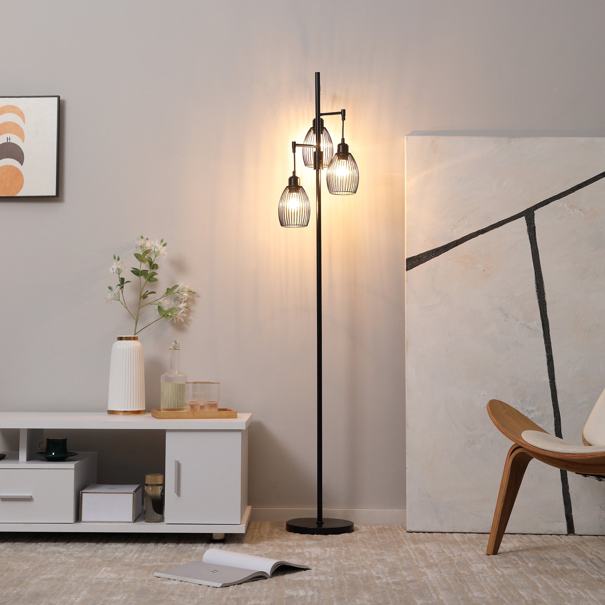 Industrial Floor Lamp with 3 Hanging Wire Lampshades, Dimmable Standing Lamp for Living Room, Bedroom, Dining Room, Stud