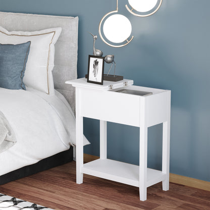 Flip Top End Table, Side Table with Storage Shelf and Cable Management, Narrow Nightstand for Living Room, Bedroom, Whit