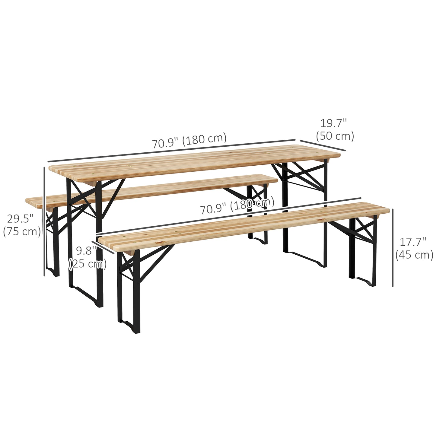 3 Pieces Folding Picnic Table Set, Portable Folding Picnic Table and Benches with Steel Frame for Garden, Park, Natural 