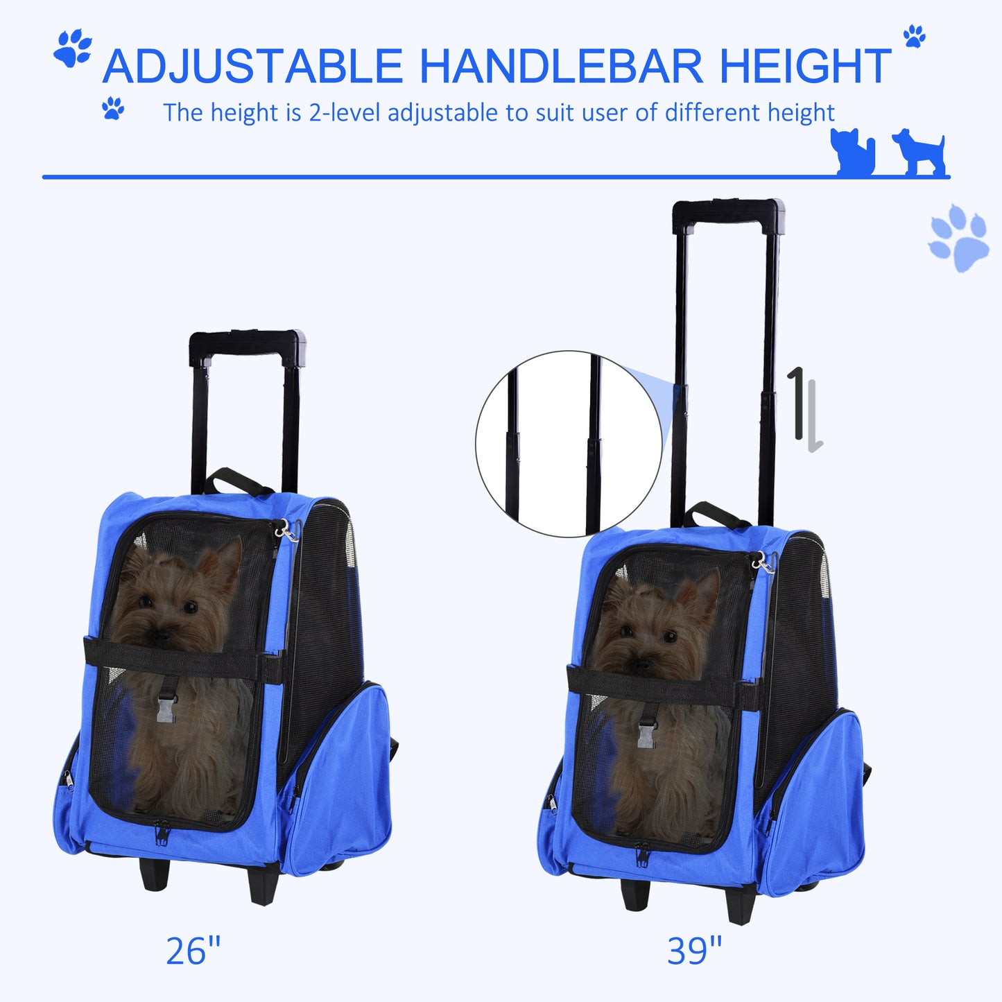 2-IN-1 Pet Luggage Box Backpack Carrier Cats Dogs w/ Handle, Rolling Wheel Blue