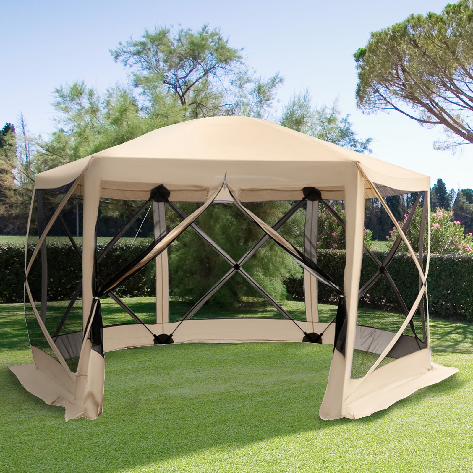 12' x 12' Hexagon Automatic Pop Up Screen Tents Camping Shelter Picnic Canopy Outdoor Sun Shade w/ Mesh Sidewalls and Ca