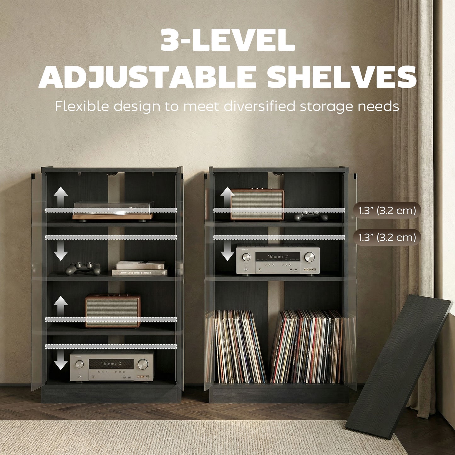 5-Tier AV Media Stand with Push to Open Glass Doors, Audio-Video Storage Cabinet with Adjustable Shelves for DVD Players