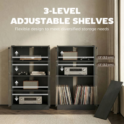 5-Tier AV Media Stand with Push to Open Glass Doors, Audio-Video Storage Cabinet with Adjustable Shelves for DVD Players