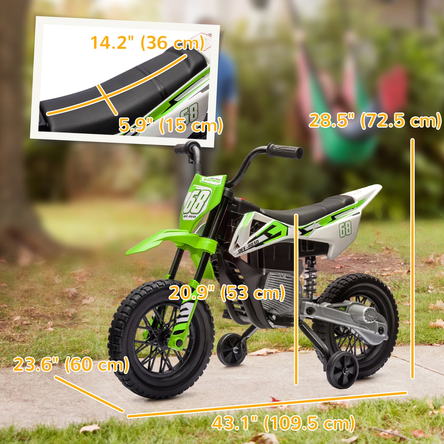 Qaba 12V Kids Dirt Bike, Electric Motorcycle with Twist Grip Throttle, Training Wheels, Rear Suspension & Music, Green