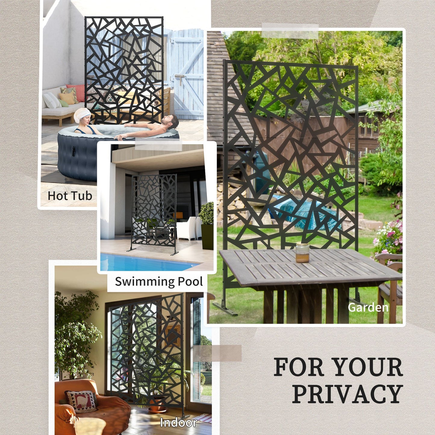 Garden Privacy Screen, Decorative Outdoor Divider, Metal Privacy Screen with Stand, Irregular Fence Style, Black