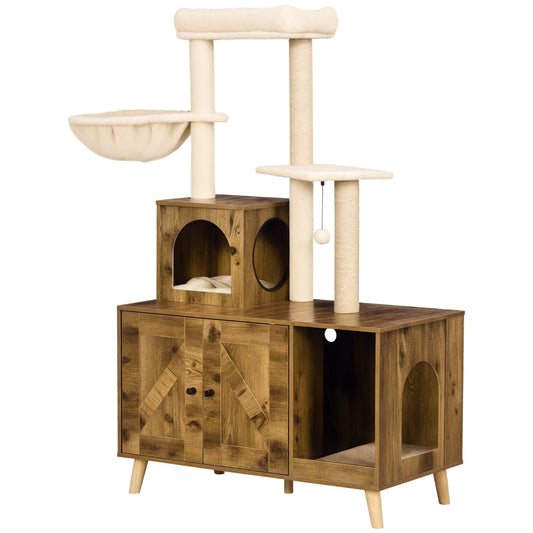 Litter Box Enclosure with Cat Tree Tower, Hidden Cat Washroom Furniture with Condo, Scratching Posts, Large Platform, Ha