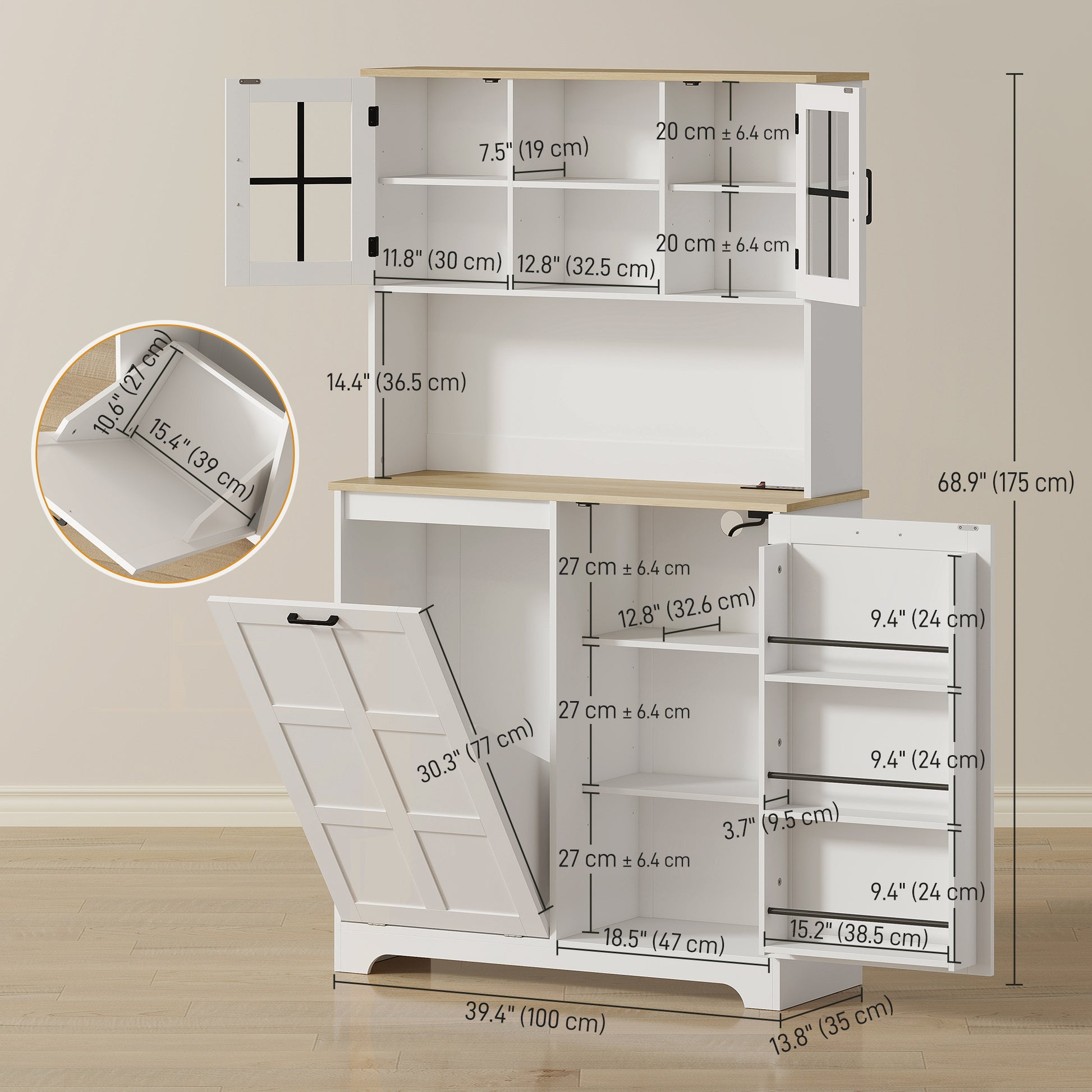 Kitchen Pantry Cabinet with Charging Station, 7 Gallon Trash Can Cabinet, Adjustable Shelves and Acrylic Doors, White