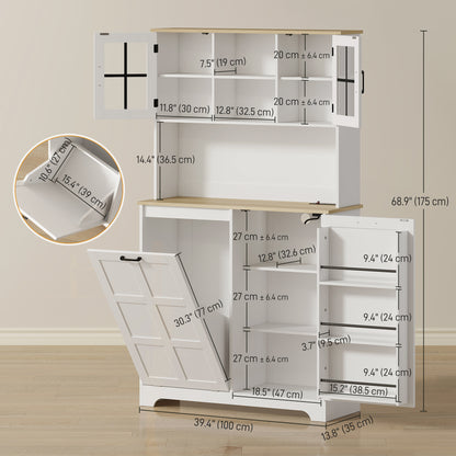 Kitchen Pantry Cabinet with Charging Station, 7 Gallon Trash Can Cabinet, Adjustable Shelves and Acrylic Doors, White