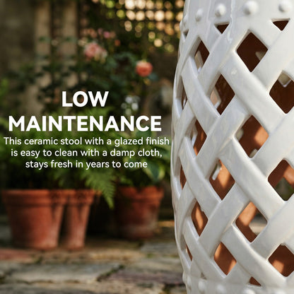 12.4" x 17.9" Ceramic Garden Stool with Woven Lattice Design, Indoor & Outdoor Decorative Accent Stool, White