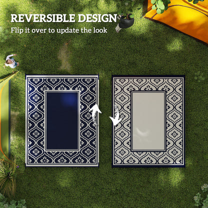 8' x 10' Outdoor RV Rug, Reversible Patio Floor Mat with Carry Bag, Gourd Border, Blue and White