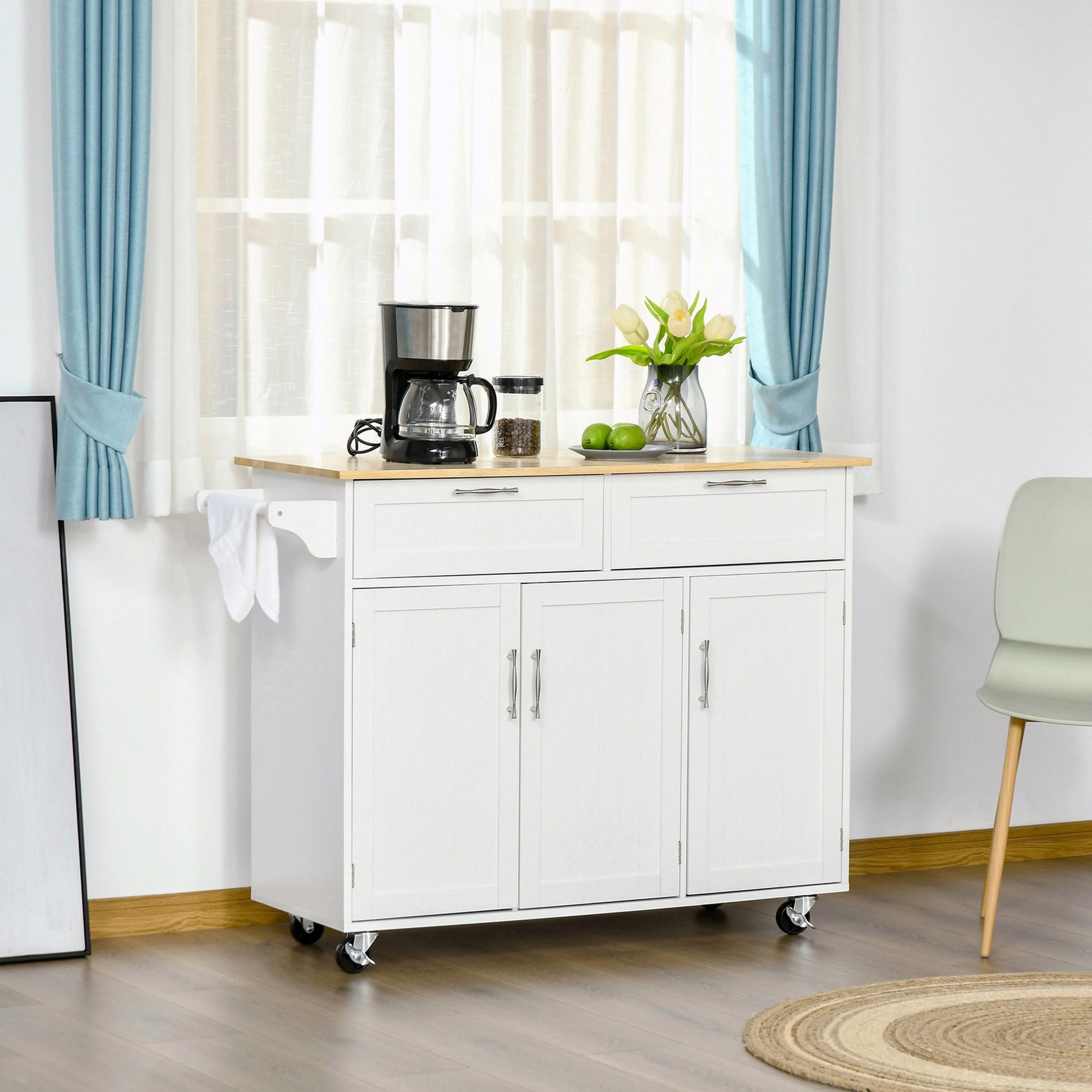 48" Kitchen Island with Storage and Solid Wood Top, Rolling Kitchen Cart on Wheels with 2 Storage Drawers, 3 Doors and T