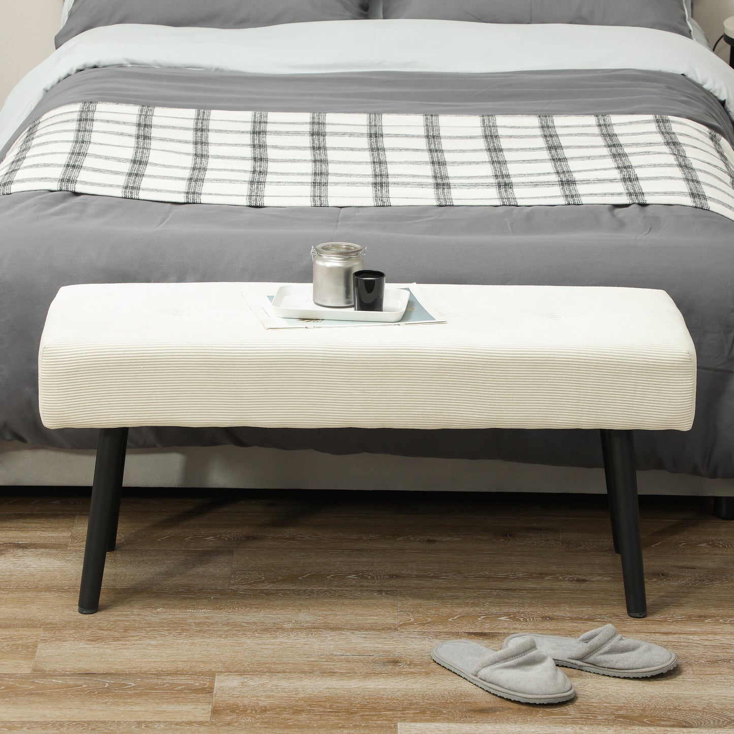 39" Upholstered Ottoman Bench, Corduroy Entryway Bedroom Bench with Padded Seat and Steel Legs for Bedroom, Cream White