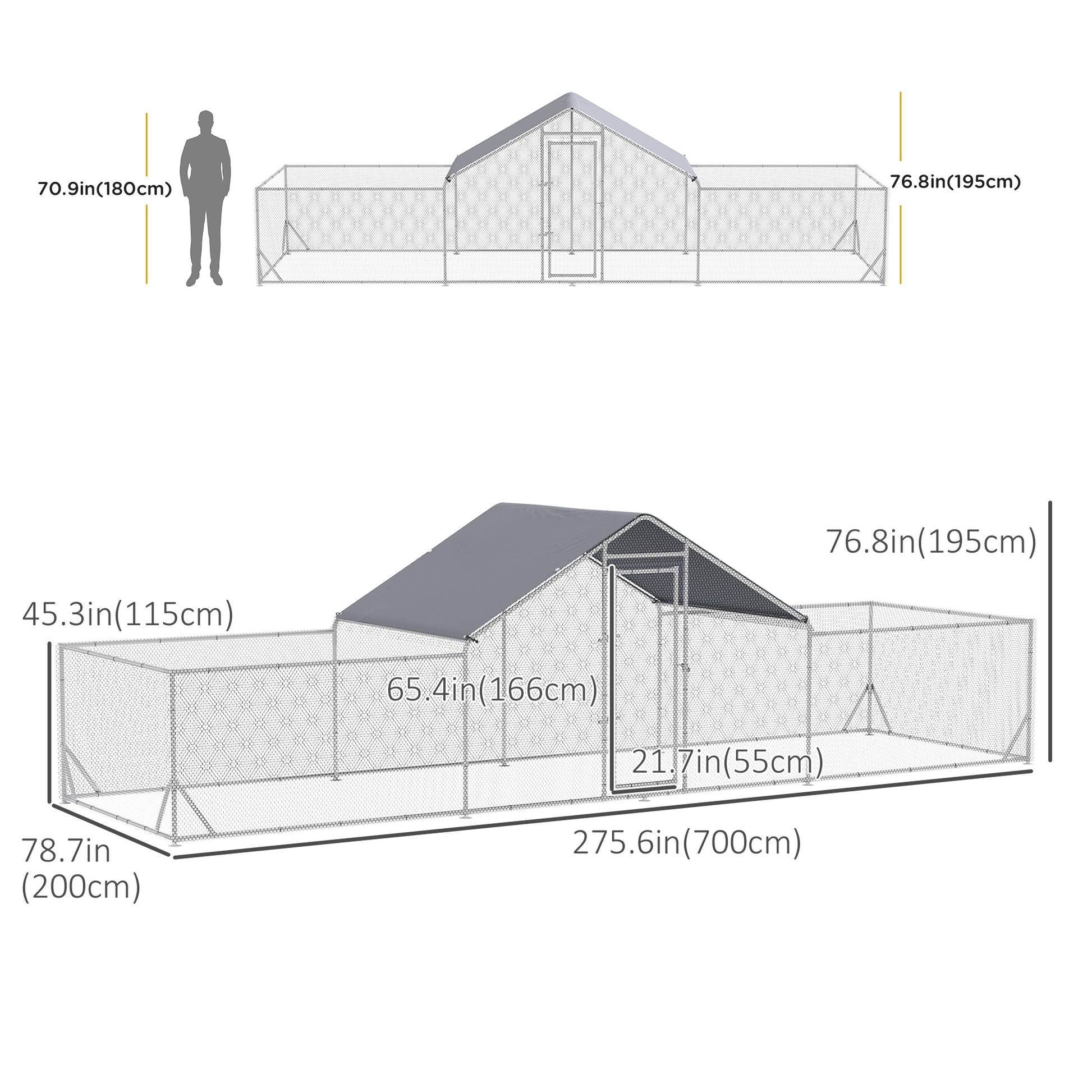 Chicken Run, 23' x 6.6' Metal Chicken Coop with Waterproof and Anti-UV Cover, Spire Roof, Door, for 12-14 Chickens, Duck