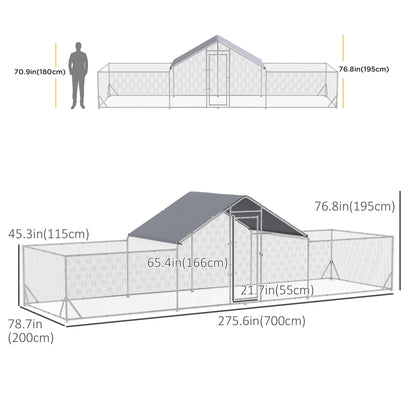 Chicken Run, 23' x 6.6' Metal Chicken Coop with Waterproof and Anti-UV Cover, Spire Roof, Door, for 12-14 Chickens, Duck