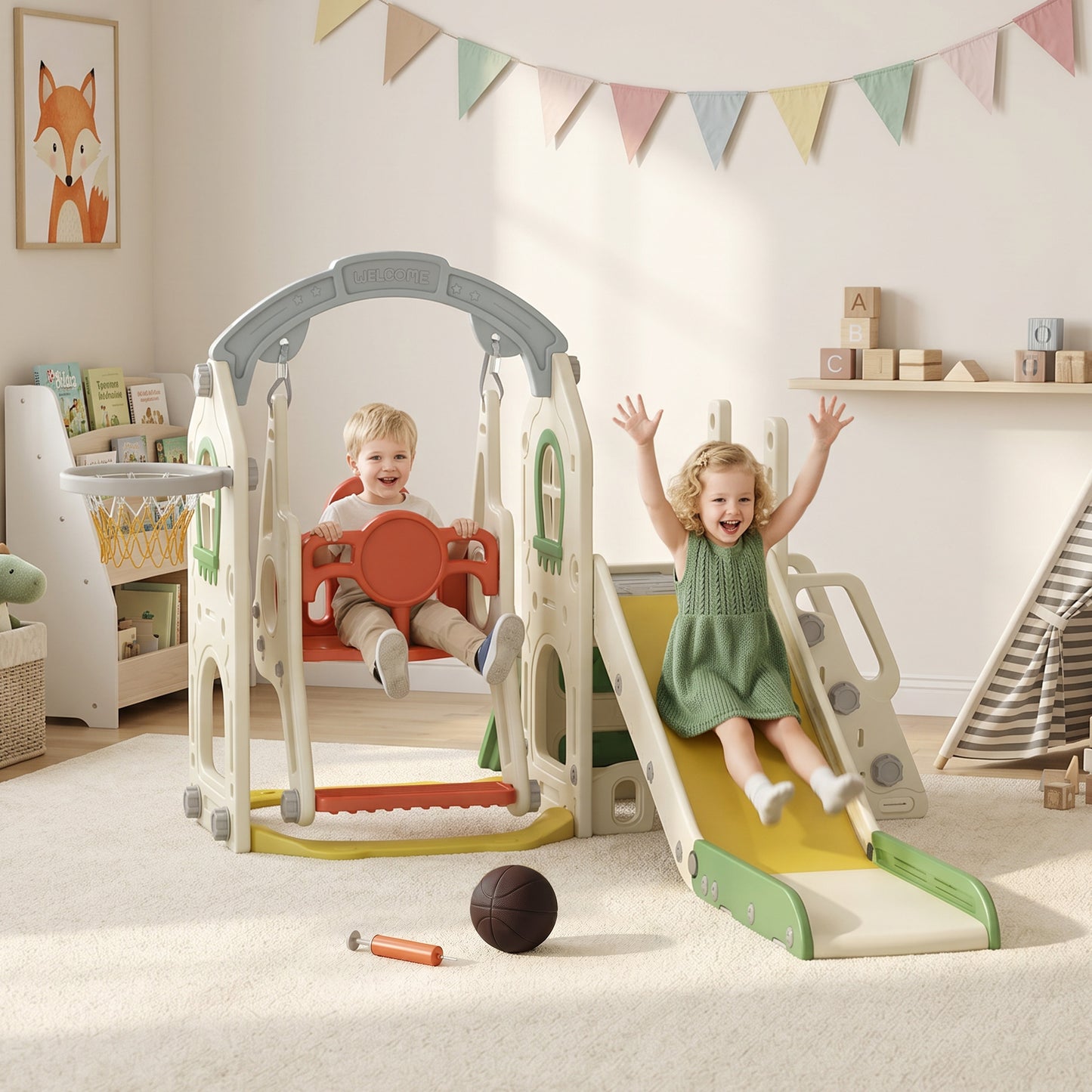 Qaba 6-in-1 Toddler Slide and Swing Set with Adjustable Swing Seat, Ladder, Climbing Wall, Basketball Hoop for Indoor Ou