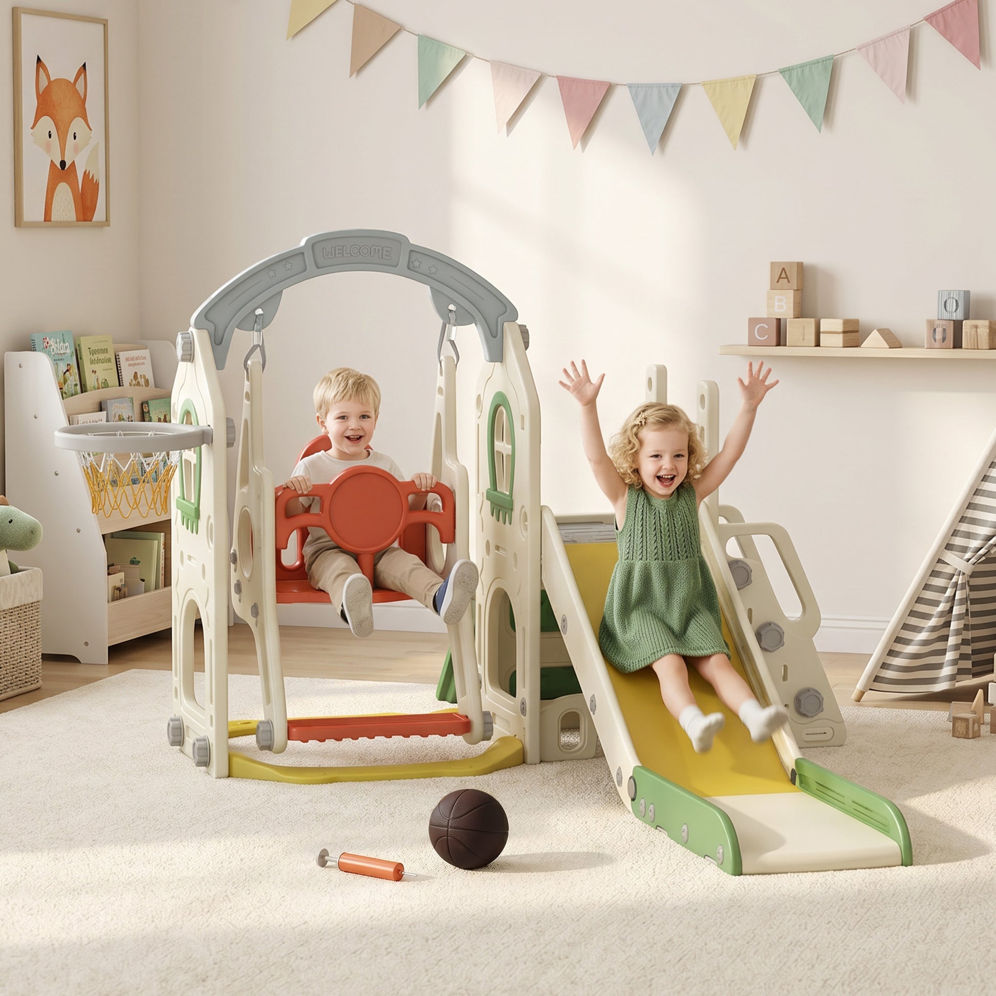 Qaba 6-in-1 Toddler Slide and Swing Set with Adjustable Swing Seat, Ladder, Climbing Wall, Basketball Hoop for Indoor Ou