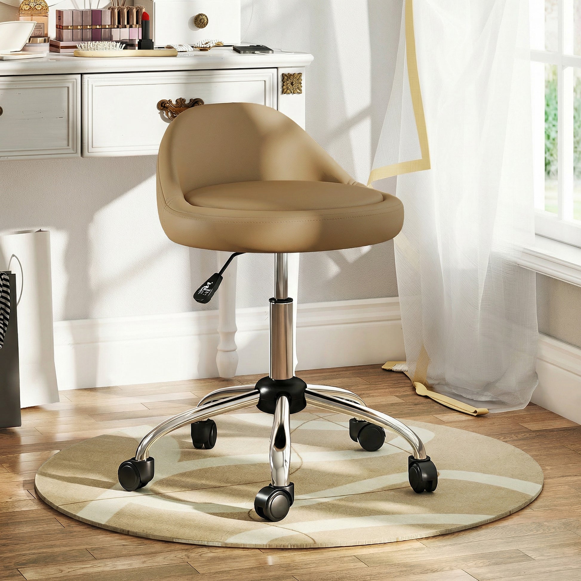 Salon Stool, Adjustable Rolling Stool, Light Brown