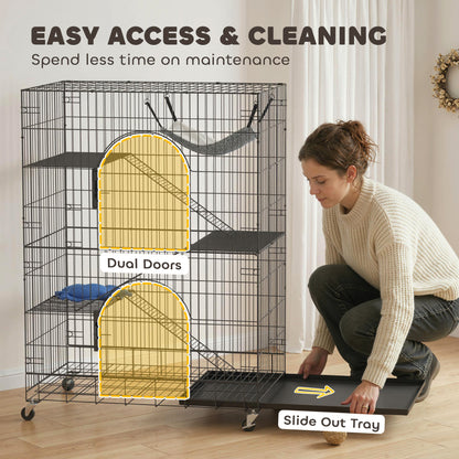 4-Tier Cat Cage, Large Cat Enclosure with Lockable Wheels, Tray, Hammock, Bed, 3 Ramp, 3 Platforms for 3-5 Kittens