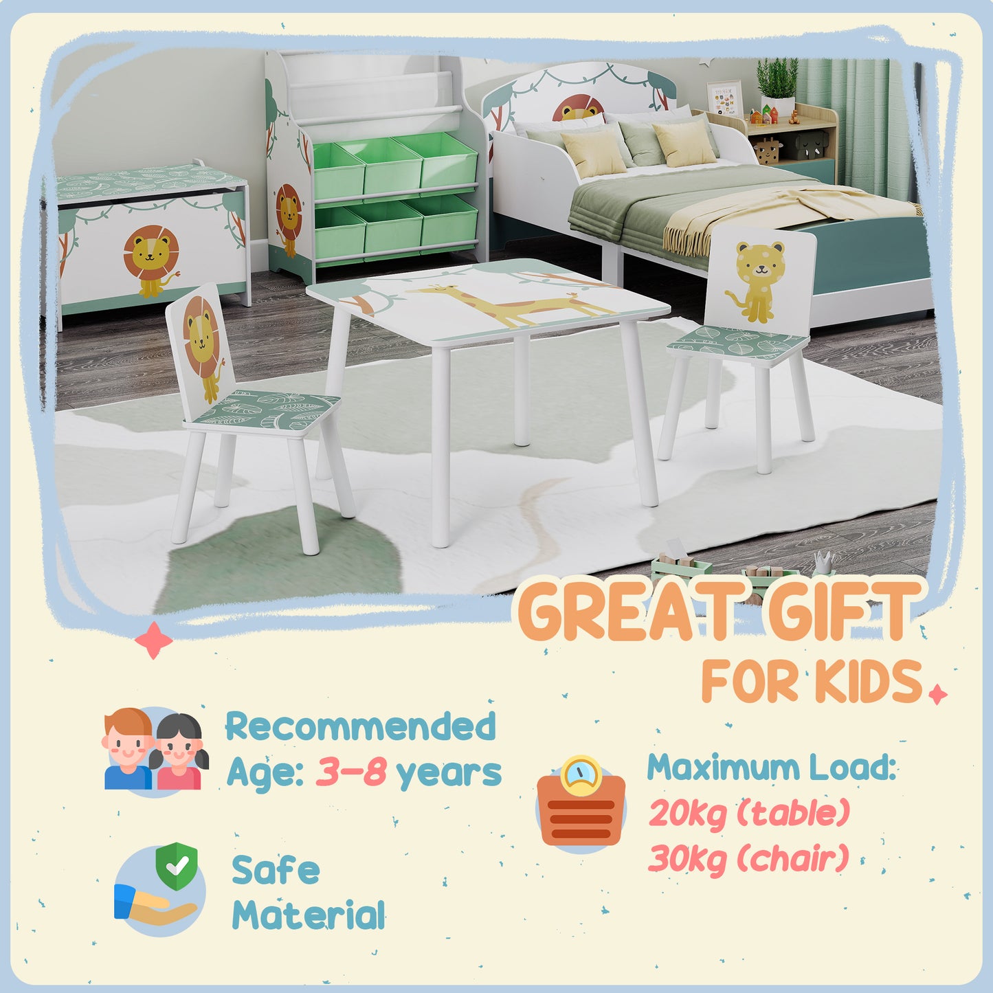 Qaba 3-Piece Kids Table and Chair Set with Animal Pattern for Boys and Girls Aged 3-8, Bedroom, Nursery, Playroom, Green