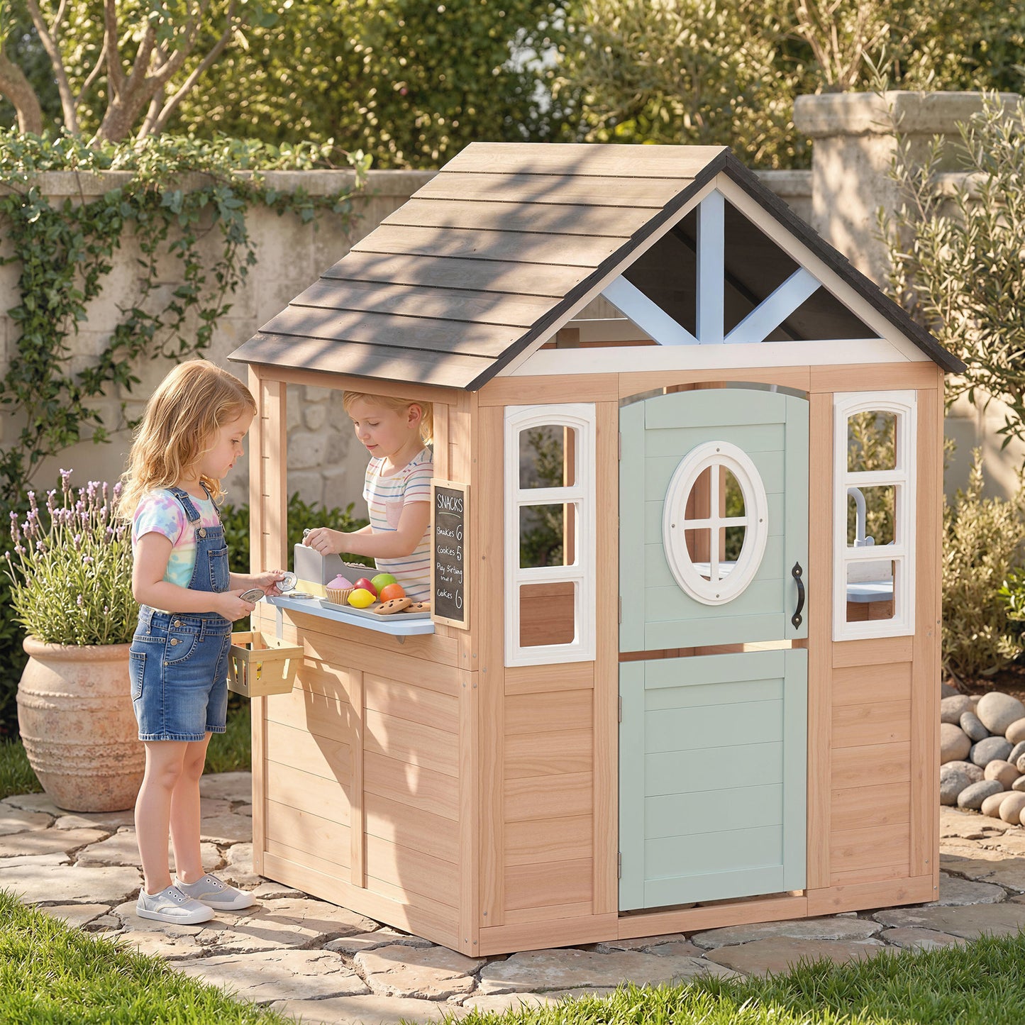 Qaba Kids Outdoor Playhouse, Wooden Cottage Play House with Pet Door, Play Kitchen, Half Door and Windows for Indoor Out