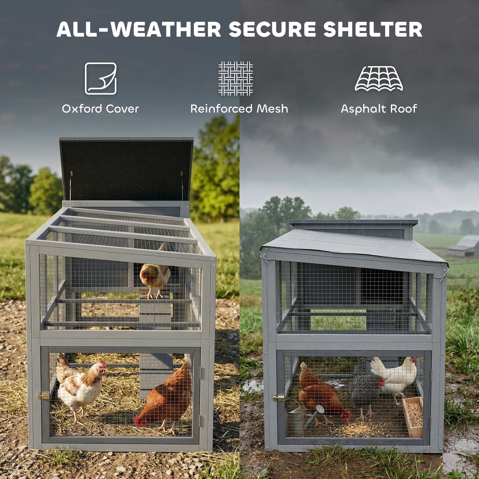Large Chicken Coop, Wooden Hen House with Covered Run, Nesting Box, Pull-Out Tray, Opening Asphalt Roof