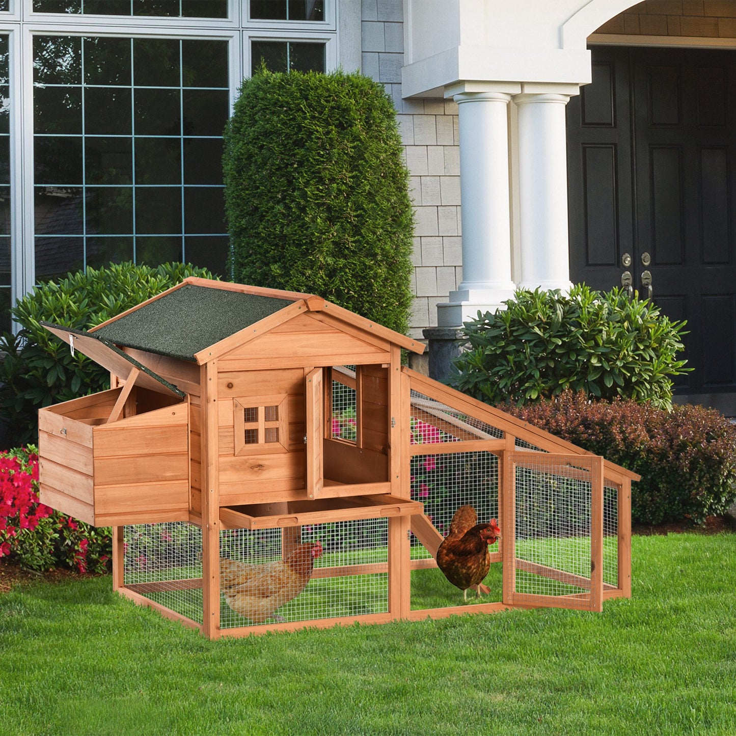 69" Chicken Coop Wooden Hen House Rabbit Hutch Poultry Cage Pen Outdoor Backyard with Outdoor Run Resting Nesting Box Re