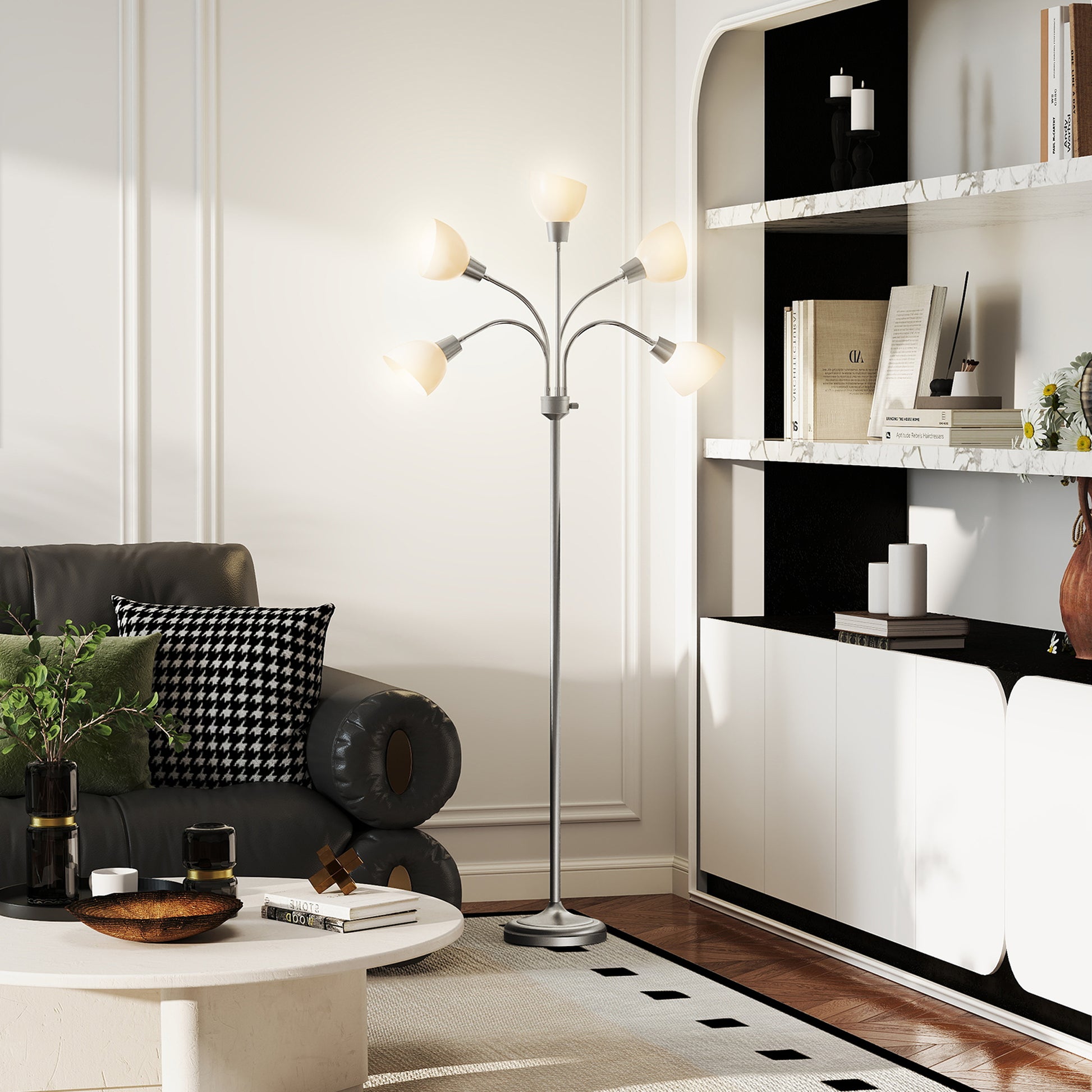 Arc Tree Floor Lamp with 5 Adjustable Rotating Lights, Modern Standing Gooseneck Reading Light for Living Room Bedroom O