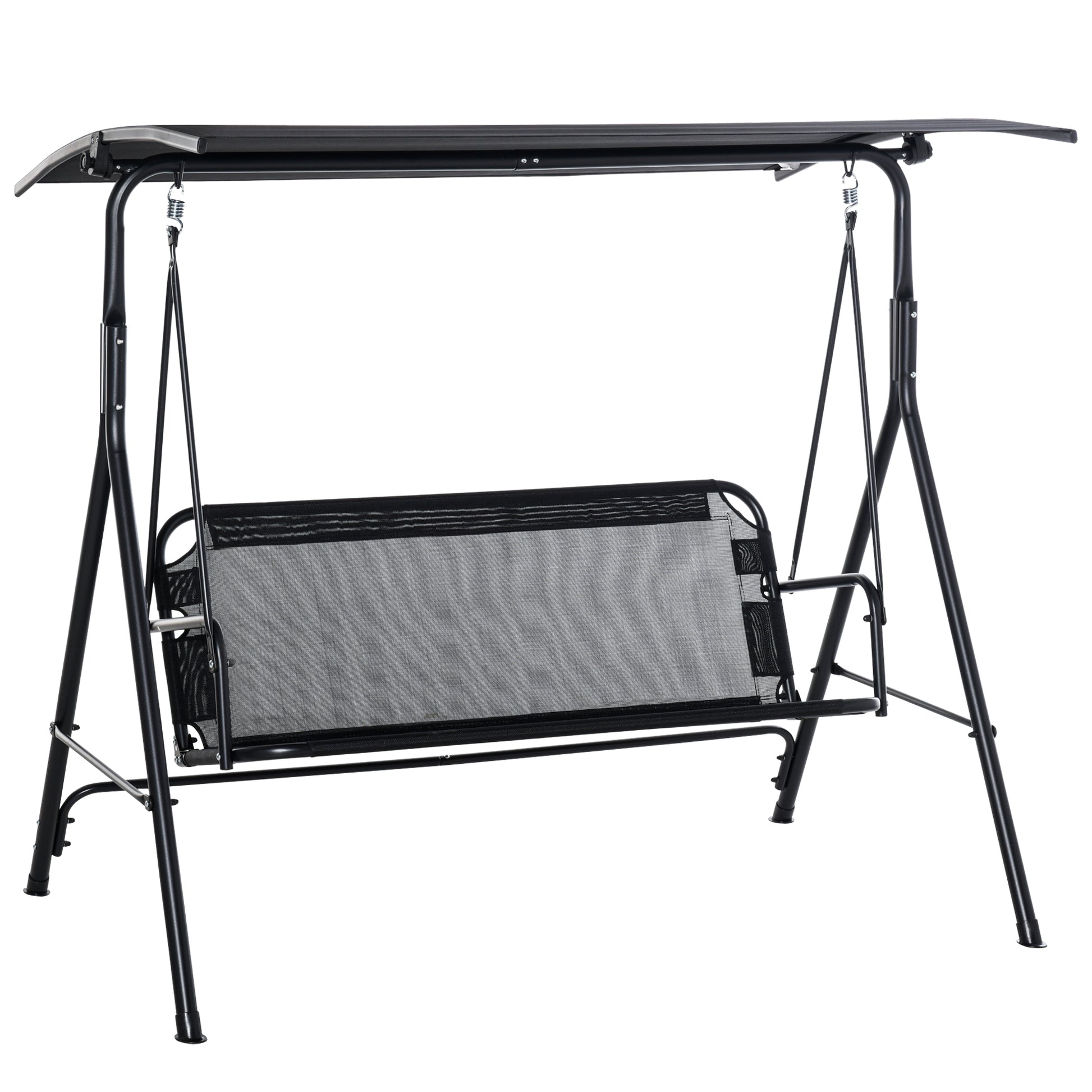 2-Person Porch Swing Chair, 2 Seater Patio Swing Bench w/ Adjustable Canopy, Breathable Seat for Garden, Poolside, Black