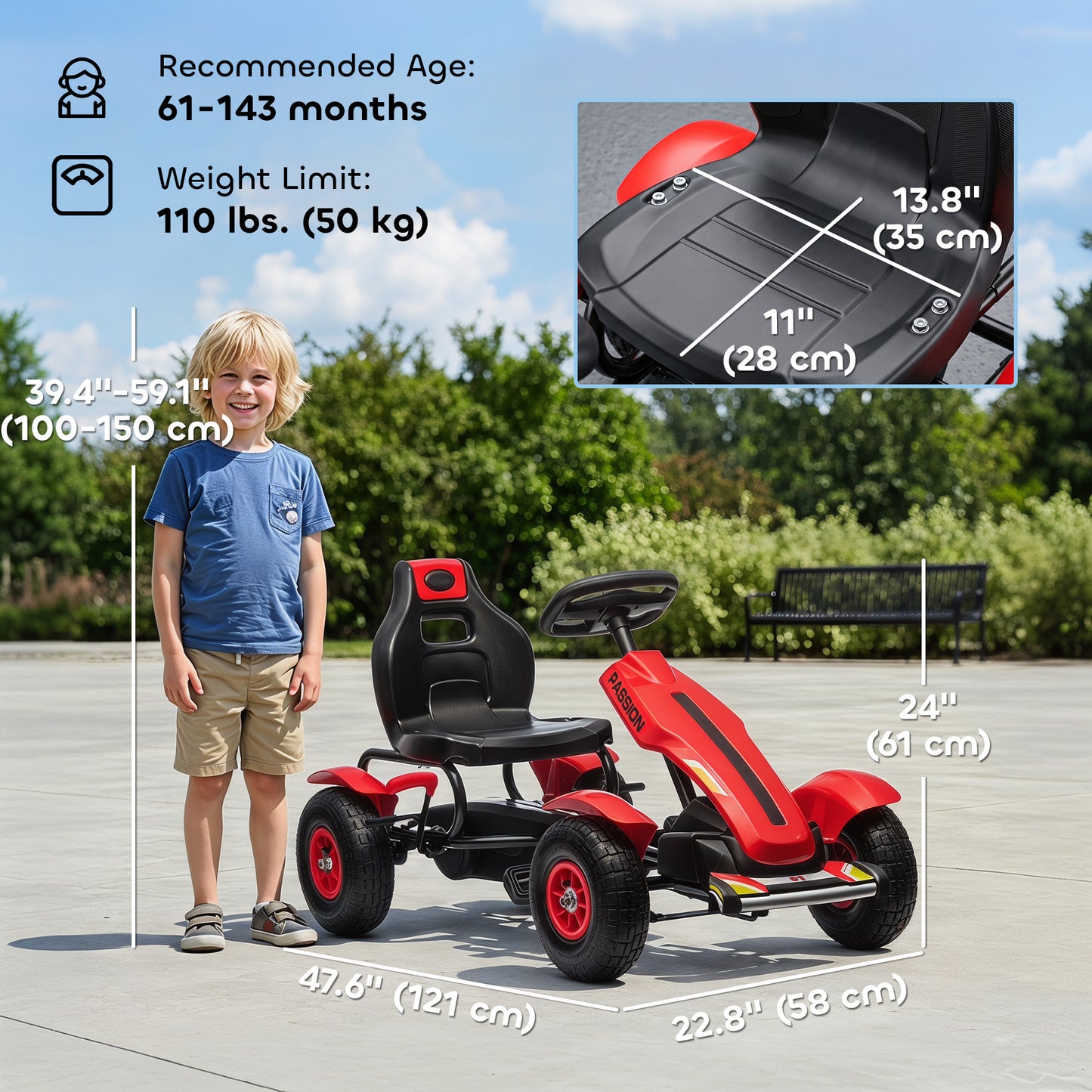 VarietyKart Pedal Go Kart for Kids, Pedal Car with Adjustable Bucket, Handbrake, 4 Rubber Wheels Powered Ride, Red