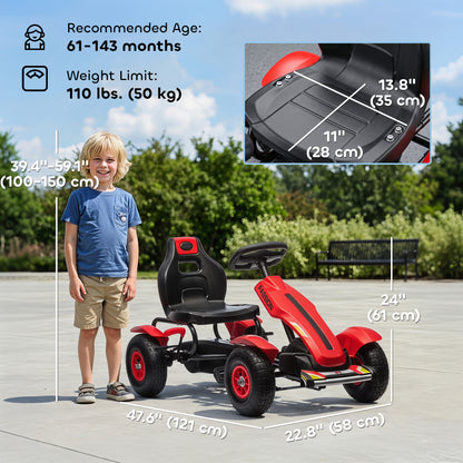 VarietyKart Pedal Go Kart for Kids, Pedal Car with Adjustable Bucket, Handbrake, 4 Rubber Wheels Powered Ride, Red