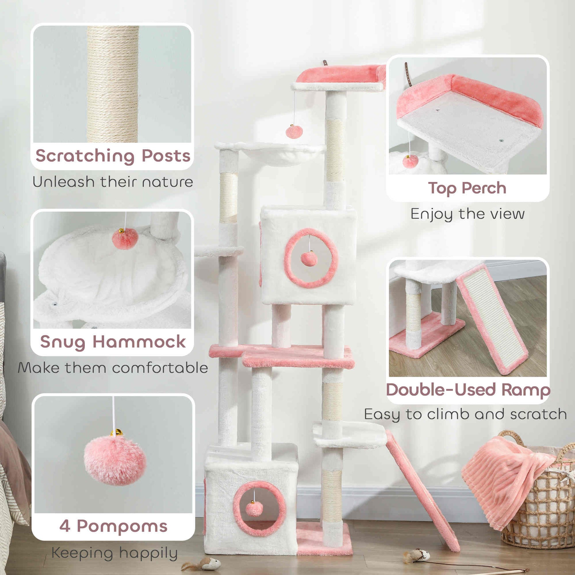 65 Inch Cat Tree with 2 Doors Condos, Plush Top Perch, Hammock, Sisal Scratching Posts, 4 Pompoms, Ramp, White