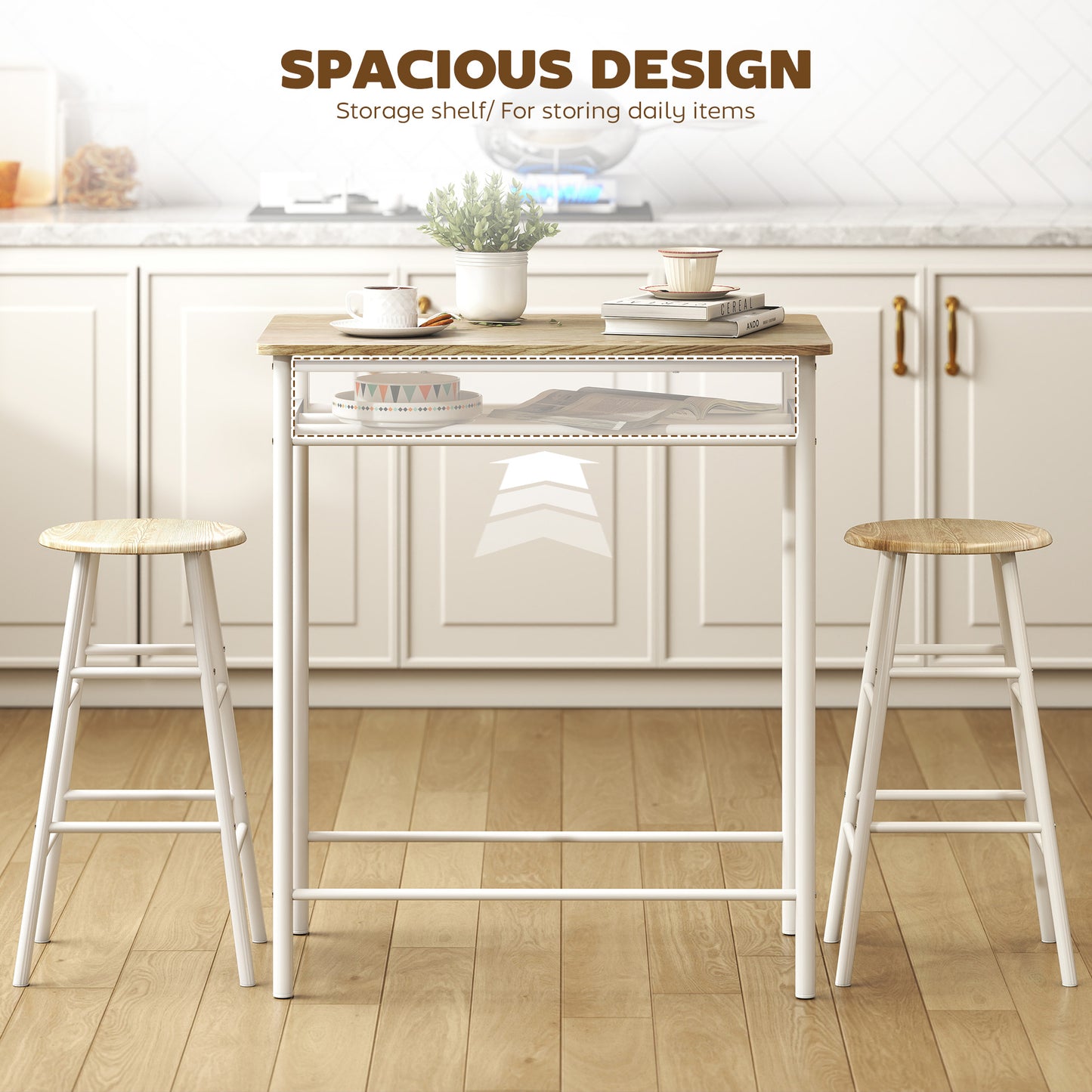 3 Piece Counter Height Bar Table Set with 1 Table, 2 Matching Stools, Dining Table Set with Storage Shelf and Metal Fram