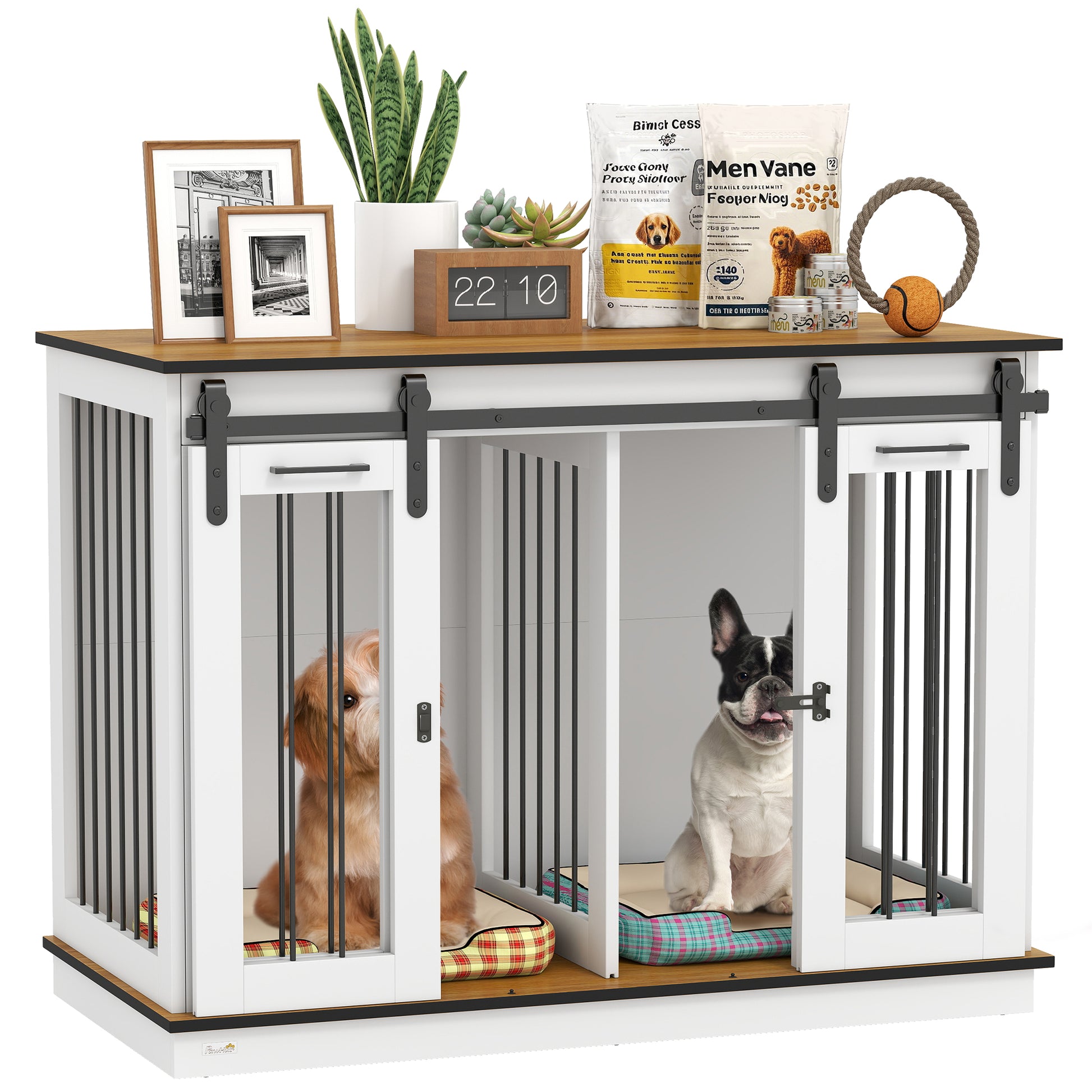 47in Dog Crate Furniture with Divider Panel, Wooden Dog Kennel TV Stand for Large Breeds, Pet House Side Table for 2 Sma