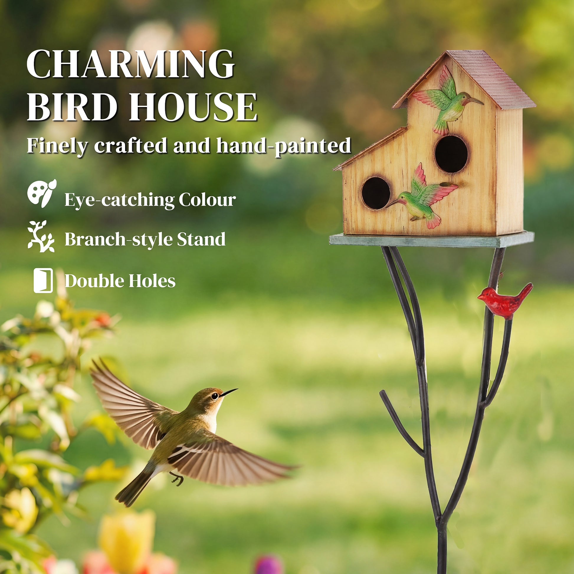 57" Outdoor Bird House with Pole, Metal Bird Houses for Outside, Double-Hole Birdhouse Outdoor Decoration, Yellow