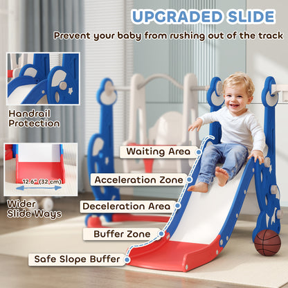 Qaba 4-in-1 Slide and Swing Set with Basketball Hoop, Climber, for Ages 1.5-4 Boys Girls Toddler, Rocket Themed, Dark Bl