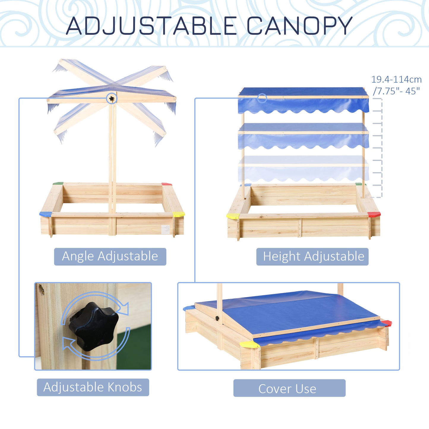Kids Wooden Sandbox with Cover, Play Sand Station for Children Outdoor Sand box, with Seats, for Backyard, Beach, 47" x 