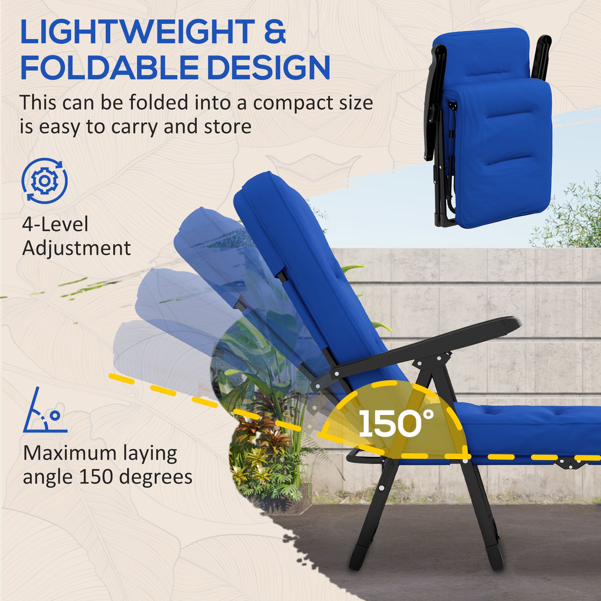 Outdoor Lounge Chair with Padded Cushion, Folding Reclining Patio Garden Chair with Recline Back, Footrest, for Poolside