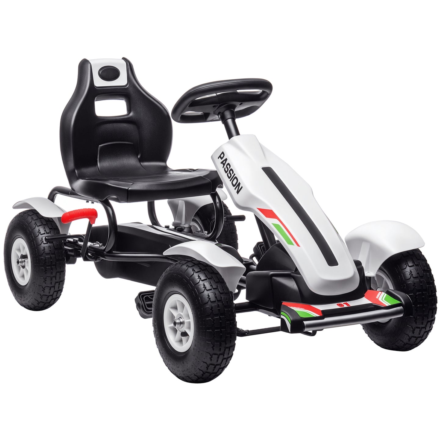 VarietyKart Pedal Go Kart for Kids, Pedal Car with Adjustable Bucket, Handbrake, 4 Rubber Wheels Powered Ride, White