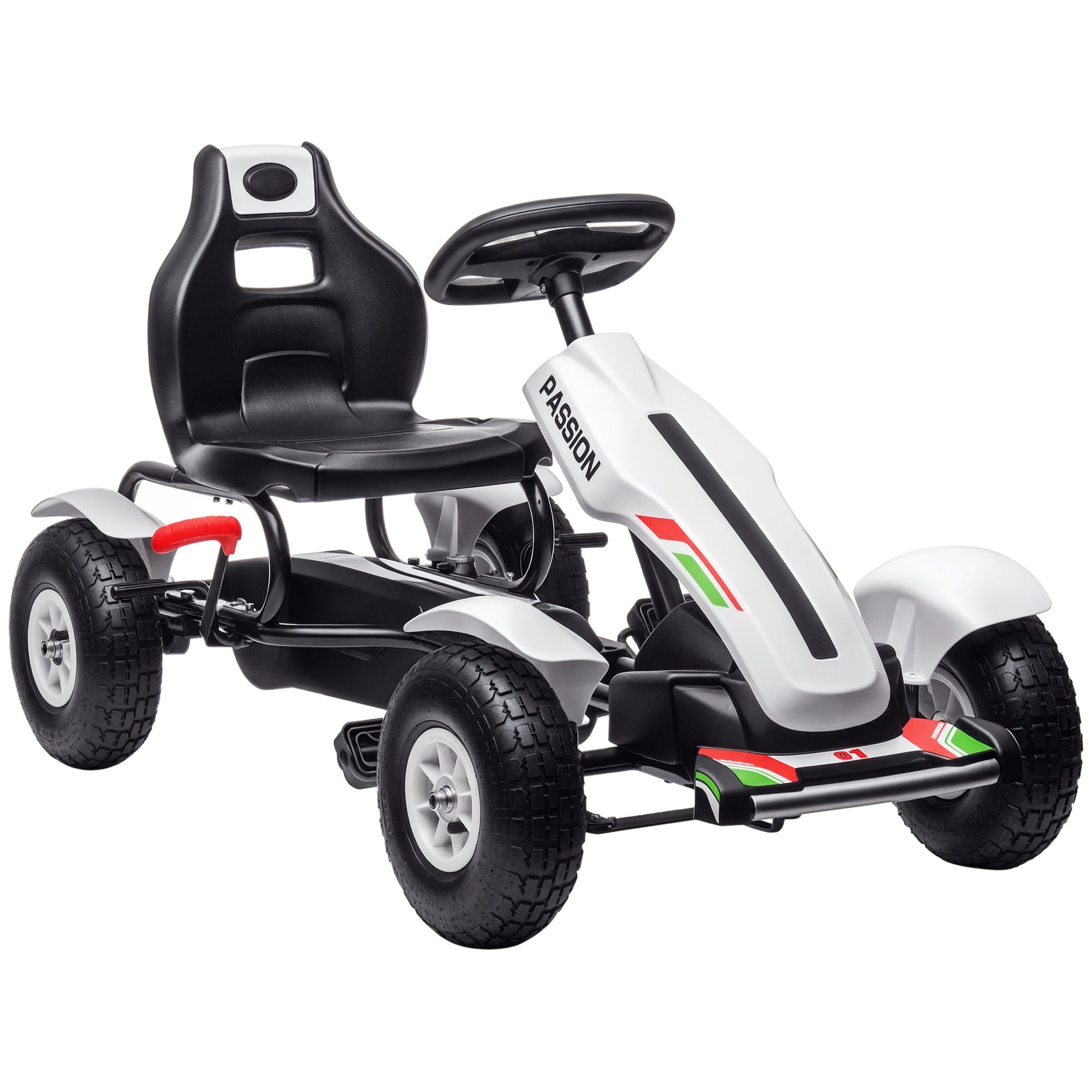 VarietyKart Pedal Go Kart for Kids, Pedal Car with Adjustable Bucket, Handbrake, 4 Rubber Wheels Powered Ride, White