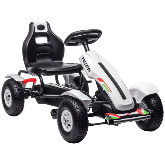 VarietyKart Pedal Go Kart for Kids, Pedal Car with Adjustable Bucket, Handbrake, 4 Rubber Wheels Powered Ride, White