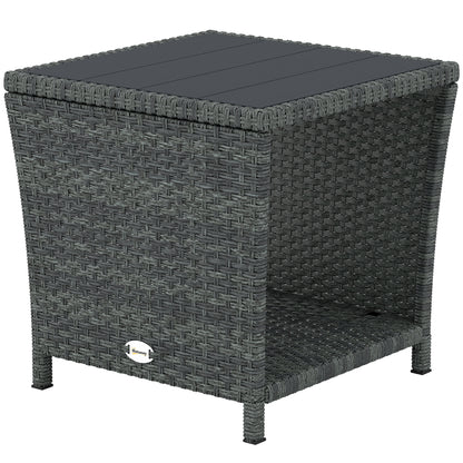 17.7" Wicker Side Table with Storage Shelf, Square PE Rattan Outdoor End Table with PS Wood Slat Top, Grey