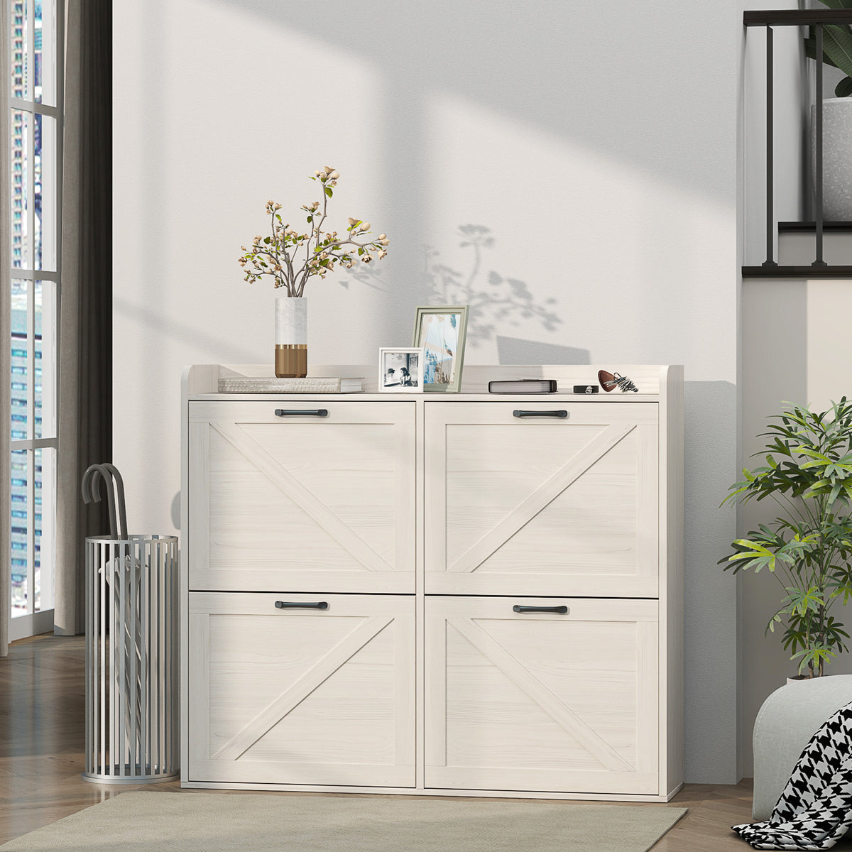 Narrow Shoe Storage Cabinet with 4 Flip Drawers, Adjustable Shelves, 16 Pair Farmhouse Shoe Cabinet, White Oak