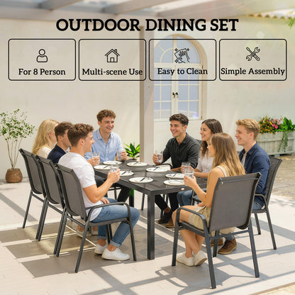 Outdoor Dining Sets for 8 with Stackable Chairs, Patio Dining Set with Glass Top Table for Garden, Patio, Backyard, Dark