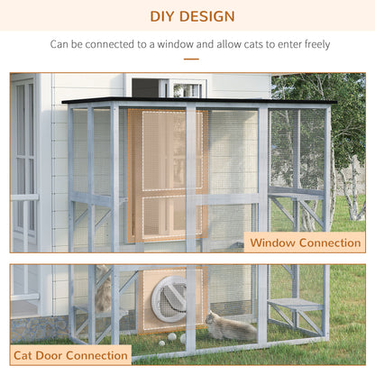 Large Outdoor Catio Enclosure, Weatherproof Cat House with Asphalt Roof,  Wooden Cat Patio Cage with 6 Balanced Platform