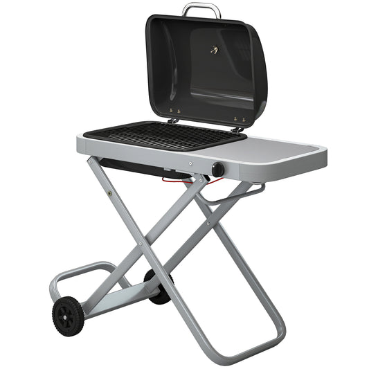 Portable Propane Gas BBQ Grill with Foldable Cart, Wheels, 9500 BTU Gas Barbecue Grill with Piezo Ignition Burner, Black