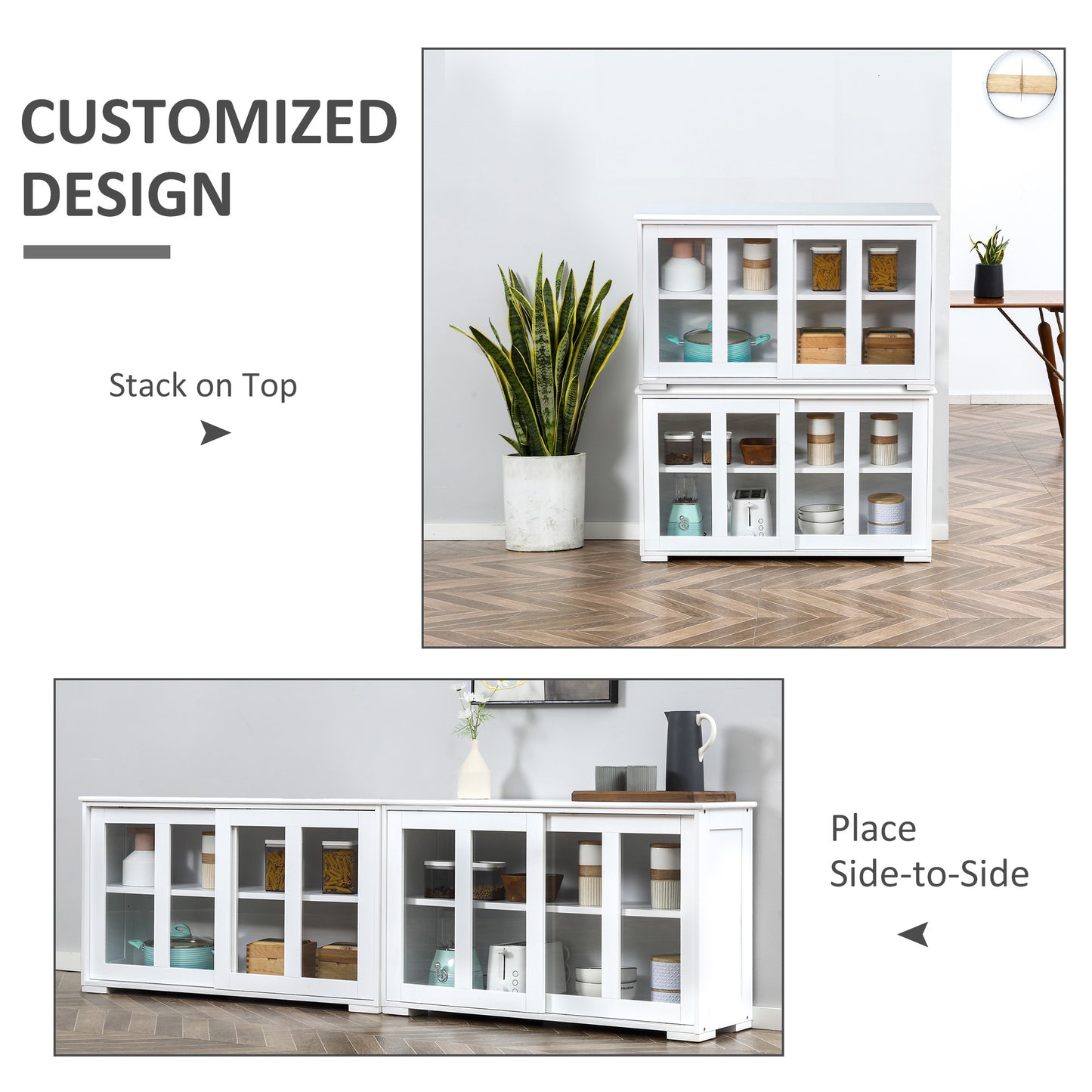 Modern Kitchen Sideboard, Stackable Storage Cabinet, Sliding Glass Door Console, Cupboard Serving Buffet for Kitchen & D